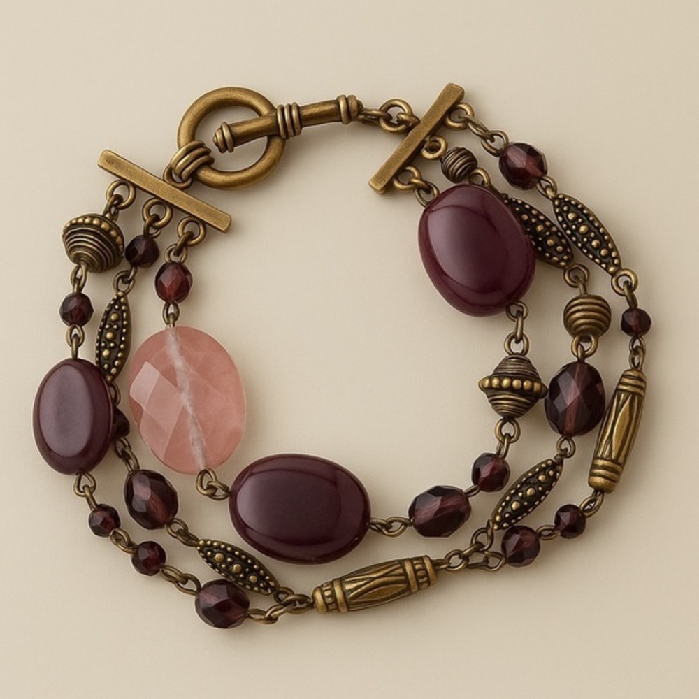 Premier Designs PURPLE IRIS Purple Plum Beaded Three Strand Bracelet New #061